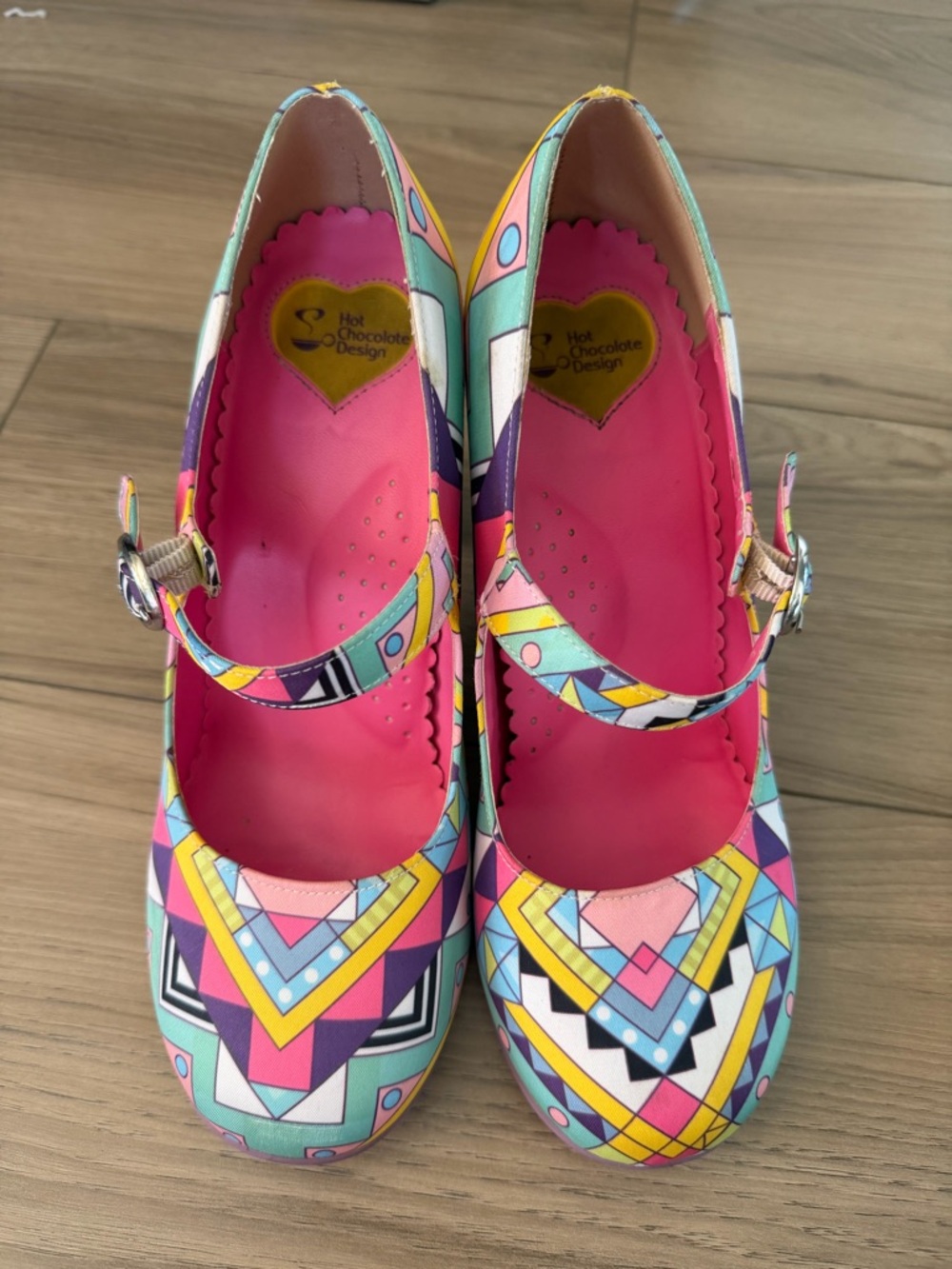 Hot Chocolate Design Geometric Print Mary Jane Heels Sz 38 80’s - Picture 5 of 10